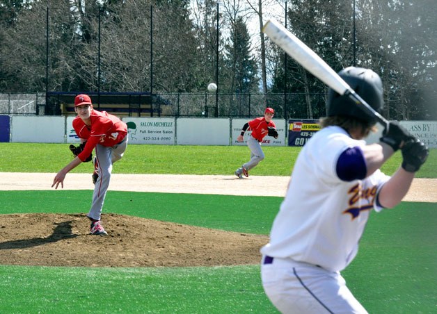 Marysville-Pilchuck’s Cody Anderson pitches against a Lake Stevens batter on Saturday