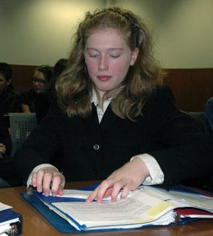 Tenth Street School student attorney Natasha Flitz makes sure she has her talking points memorized before she presents her case during the Feb. 2 mock trial in the Marysville Municipal Court.