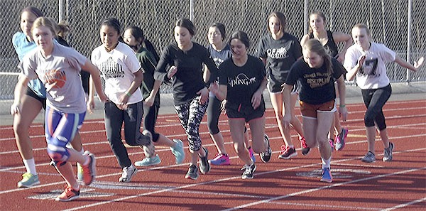 Girls on the Marysville Getchell track team take off at the start of 200 Tuesdays. On those days they run six 200-meter sprints in a goal of 39 seconds each.