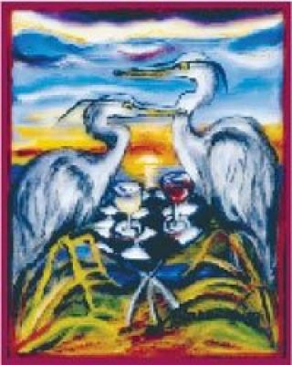 Jan Erions lable design was selected for the first in a series of art wines for the Great Blue Heron Wine Cellar featuring viognier wine grown in Yakima Valley and produced by Mount Baker Vineyards.