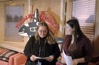 Tulalip Tribes general manager Shelly Lacy and Tribal staffer Niki Cleary go over the script for last weeks Tribal managers report.