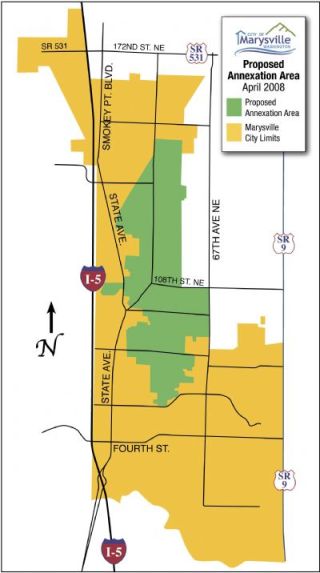 In this map the yellow areas are already within the citys boundaries. Areas targeted for possible annexation are in green.