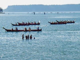 Canoes stack up like airliners at Sea-Tac airport during a stop at the Tulalip Indian Reservation during the 2007 Intertribal Canoe Journey.