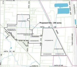 This map shows the 300-acre site proposed by the city of Marysville to host a new UW branch campus planned for somewhere in Snohomish County.   The site stretches from the BNSF railroad tracks on the east to Forty Five Road on the west and offers close proximity to freeways