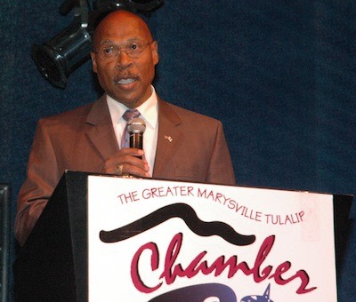 Snohomish County Executive John Lovick addresses the Greater Marysville Tulalip Chamber of Commerce during its Business Before Hours on July 26.