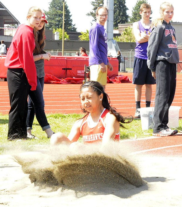 Marysville-Pilchuck's Bianca Acuario lands after a jump.