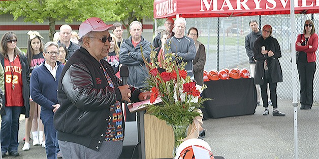 Don Hatch of the Tulalip Tribes speaks to the crowd at the ground-breaking for the new food commons at Marysville-Pilchuck High School.