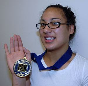 Lakewood High School Class of 2009 alum Christina Ordonez shows off her First-Place All-American medal for the March 8-10 National College Women’s Wrestling Association National Championships in Daytona Beach