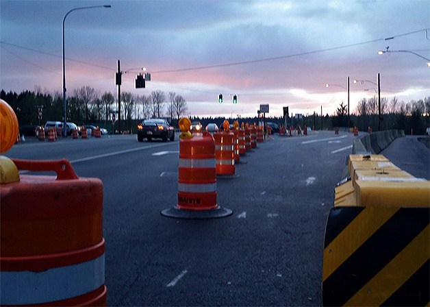 The new section of the 116th I-5 overpass to the right will open for traffic this week. The old portion of the bridge