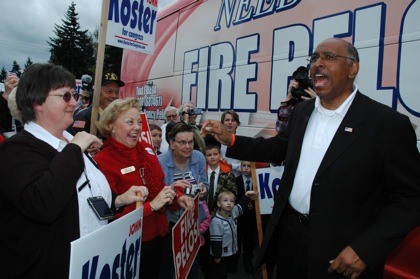 Republican National Committee Chair Michael Steele responds to cheers from the crowd at John Koster's Congressional campaign headquarters in Arlington with a spirited yell of his own Oct. 8.