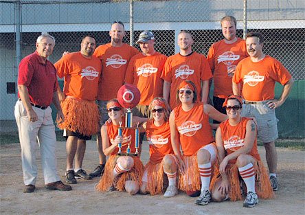 The victorious Home Plate kickball team accepts their trophy from Marysville mayor Dennis Kendall. The team is made up of Scott Chesnut