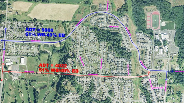 The purple line is 88th Street and the red line is 84th Street. ADT shows the average daily traffic of vehicles on each road