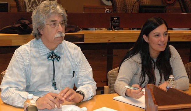 Tulalip Tribal Chair Mel Sheldon Jr. and Vice Chair Deborah Parker discuss what their community can do to aid the Marysville School District’s mission on Feb. 24.