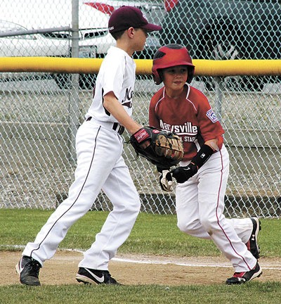 Marysville’s Josiah Koellmer takes off from first base during the All-Star state championship game on Sunday