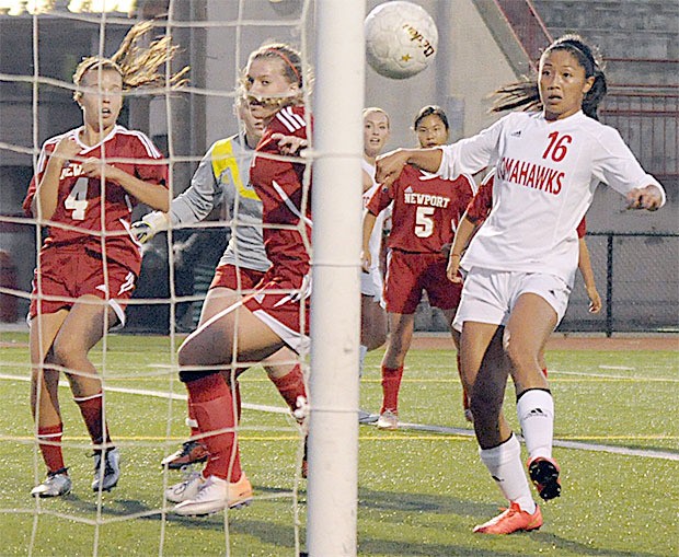 Gabriella Crenshaw follows up on a kick by Brittany Anderson to make sure it goes in to the goal. M-P tied Newport 1-1.