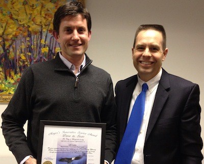 Waste Water Treatment Plant lead worker Jeff Cobb receives a 'Dare to Soar' Innovative Service Award from Marysville Mayor Jon Nehring.