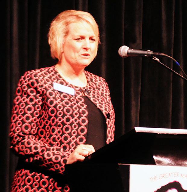 Marysville Schools Superintendent Becky Berg gives an update on the community's recovery efforts during the Greater Marysville Tulalip of Commerce's Business Before Hours April 24.