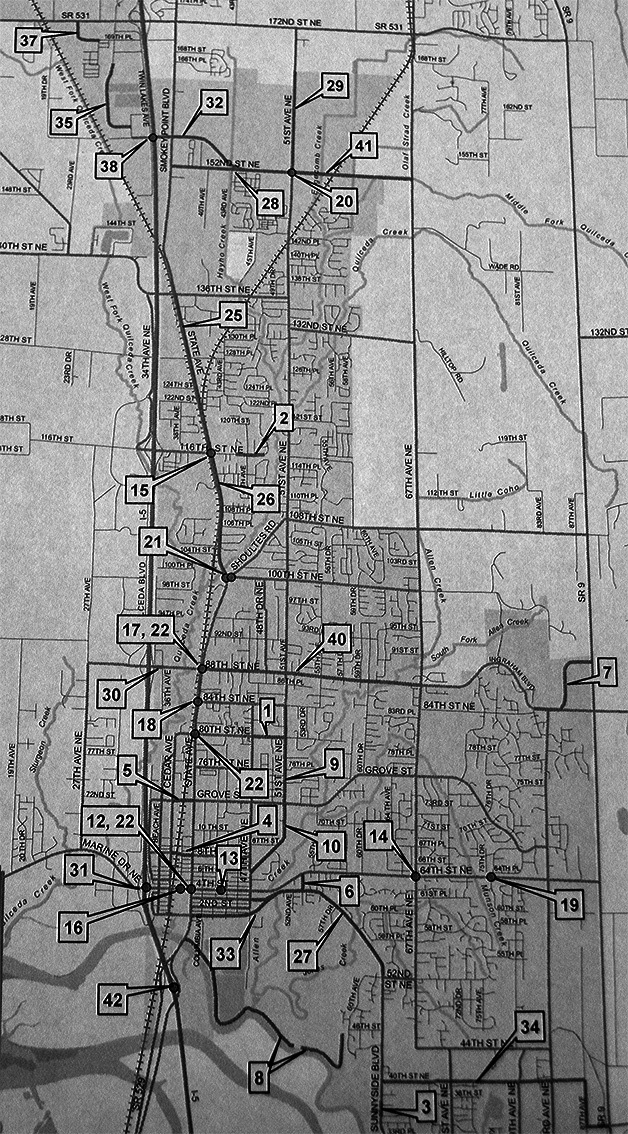 This map shows the locations of the various projects in the six-year Transportation Improvement Plan for Marysville.