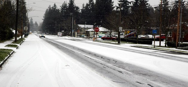 Snow covers Cedar Avenue in Marysville on Monday morning.