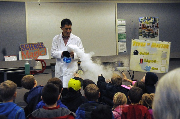 Jeff Evans mixes science and magic at the Marysville library for students during their winter break.