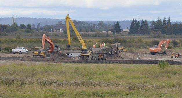 Bulldozers and excavators remove part of the levee as water from Ebey Slough enters the Qwuloolt Estuary for the first time in a century. Officials hope by doing this salmon will return in even greater numbers to this area.