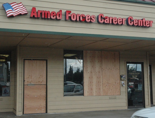 'Puget Sound Anarchists' have taken credit for smashing the glass of the windows and one door of the Armed Forces Career Center on State Avenue in Marysville.