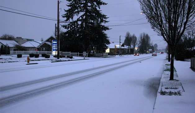 Snow covers Cedar Avenue in Marysville Tuesday morning. While the Marysville School District reported no schedule or transportation changes
