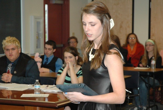 Aly Mills interrogates a student witness in the Mock Trial. She is an eighth-grader at 10th Street School in Marysville.