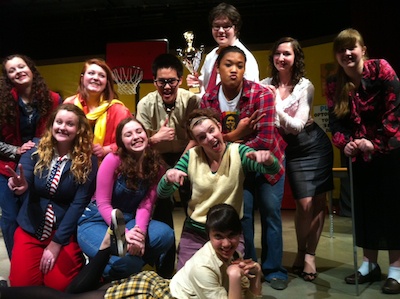 Marysville-Pilchuck and Marysville Getchell high school students pull faces as they rehearse for 'The 25th Annual Putnam County Spelling Bee
