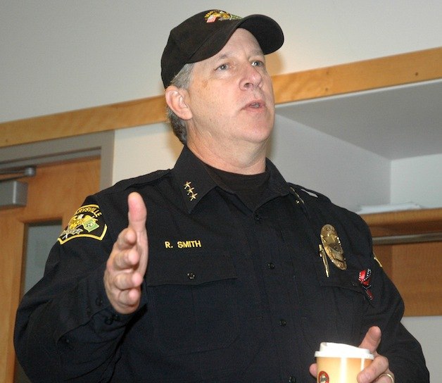 Marysville Police Chief Rick Smith addresses public safety concerns at the mayor’s coffee klatch Oct. 29.
