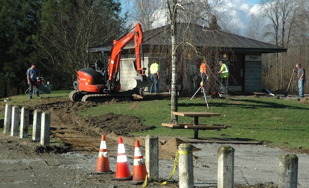 A crew from Quilceda Paving and Construction works on the restrooms at Twin Rivers Park as part of an upgrade this week.