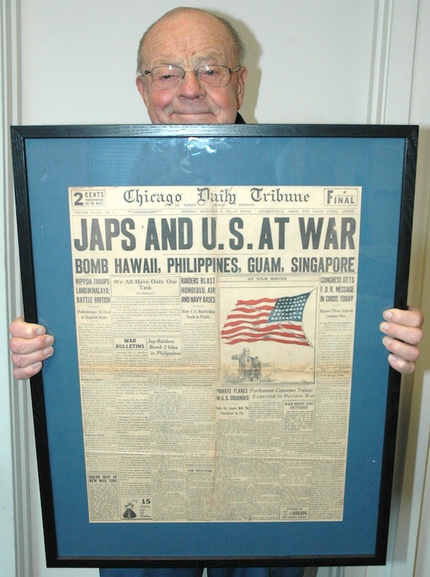 World War II veteran Art Olsen saved the front page of the paper the day after the bombing of Pearl Harbor.