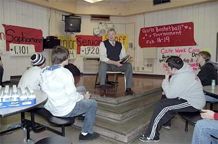 Marysville Rotary Club member Steve Fulton speaks with Marysville-Pilchuck High School students Feb. 18 about how to become more successful in their studies and their careers.
