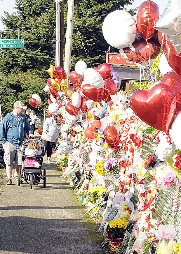The memorial keeps growing at the chainlink fence south of Marysville-Pilchuck High School for the victims of the shooting there Oct. 24. Two girls and the shooter