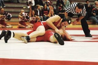 Seven M-P wrestlers won by default when their Mountlake Terrace counterparts hadnt sufficiently practiced for competition. Tomahawk Jake Carlton drew opponent Noah Wright