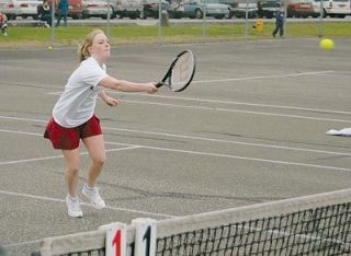 Sara Boe crushes a forehand winner during her No. 4 singles match versus Anacortes.