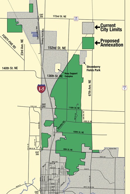 The light gray areas show the previous area of the city of Marysville