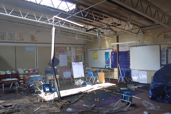 The aftermath of a faulty light fixture fire in a Cascade Elementary classroom on the first day of school