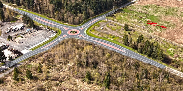 An aerial view of the proposed roundabout at the intersection of State Route 9 and 84th Street NE (Getchell Road).