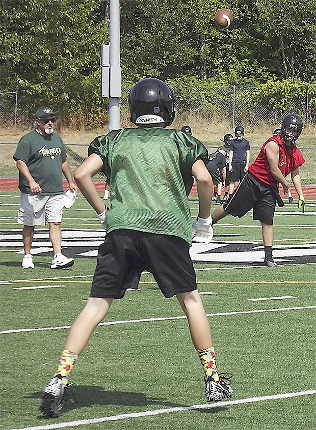Marysville Getchell practices a passing drill. MG plays its first game on the road at Auburn Riverside Thursday