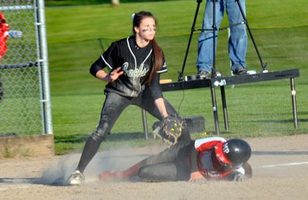 Marysville-Pilchuck's Kaitlyn Wielgus is tagged out by Jackson third baseman Jessica Roy for the final out of the game.