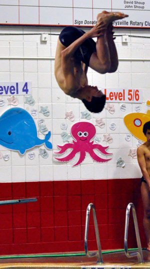 Marysville Getchell’s Dominique Gray performs a dive during a Jan. 19 meet hosted at Marysville-Pilchuck High School.