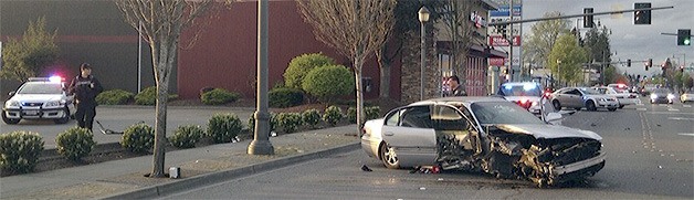 This car crashed into a utility pole on State Avenue and 2nd Street in Marysville after a short pursuit. Two men were arrested and charged but two women escaped on foot.