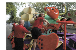 After unloading the Marysville Strawberry Festival float from its trailer