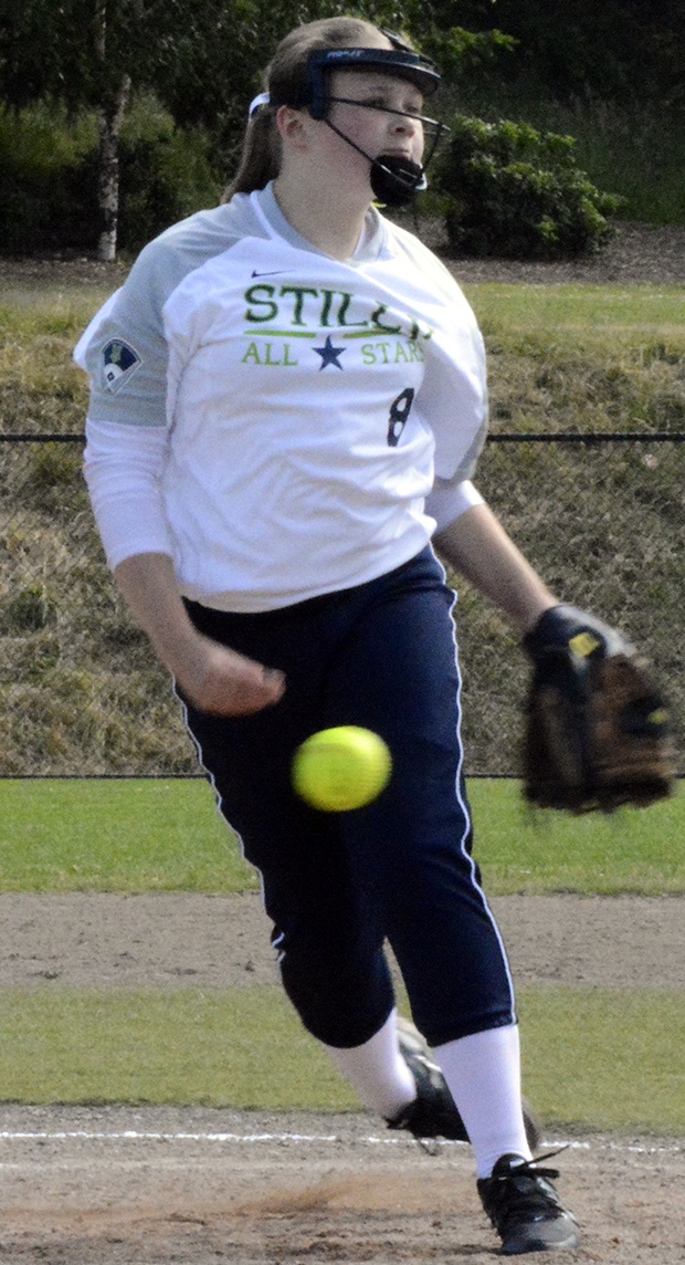 Madison Agarpao of the Stilly Valley Majors All-Star team delivers a pitch.
