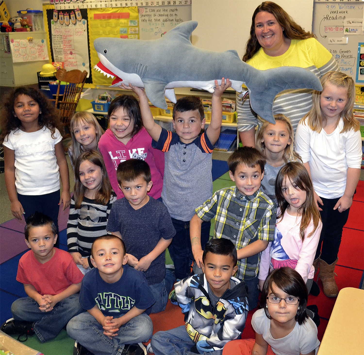 Brandi Holliday's first-grade class at Shoultes Elementary won "Sharky" for the month for having the best attendance in the school for September.