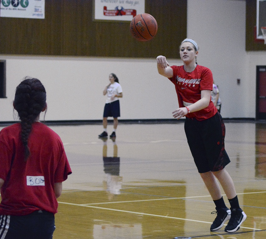 Brandon Adam/Staff Photo                                A Marysville-Pilchuck basketball player passes the ball during a practice before winter season.