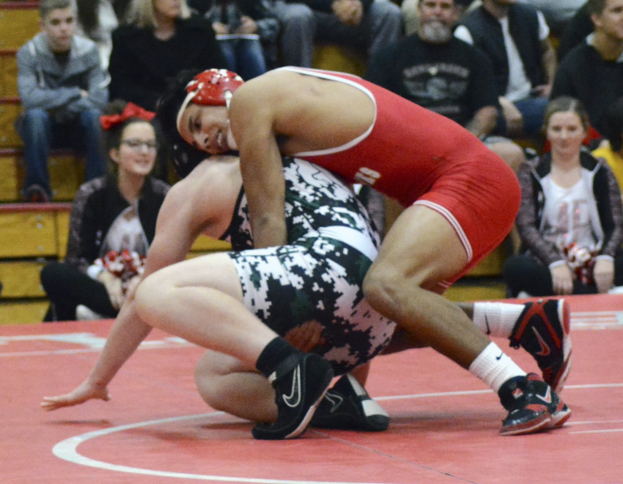 Brandon Adam/Staff Photo                                Keith Pablo of Marysville-Pilchuck displays control of his opponent. He eventually won by pin.