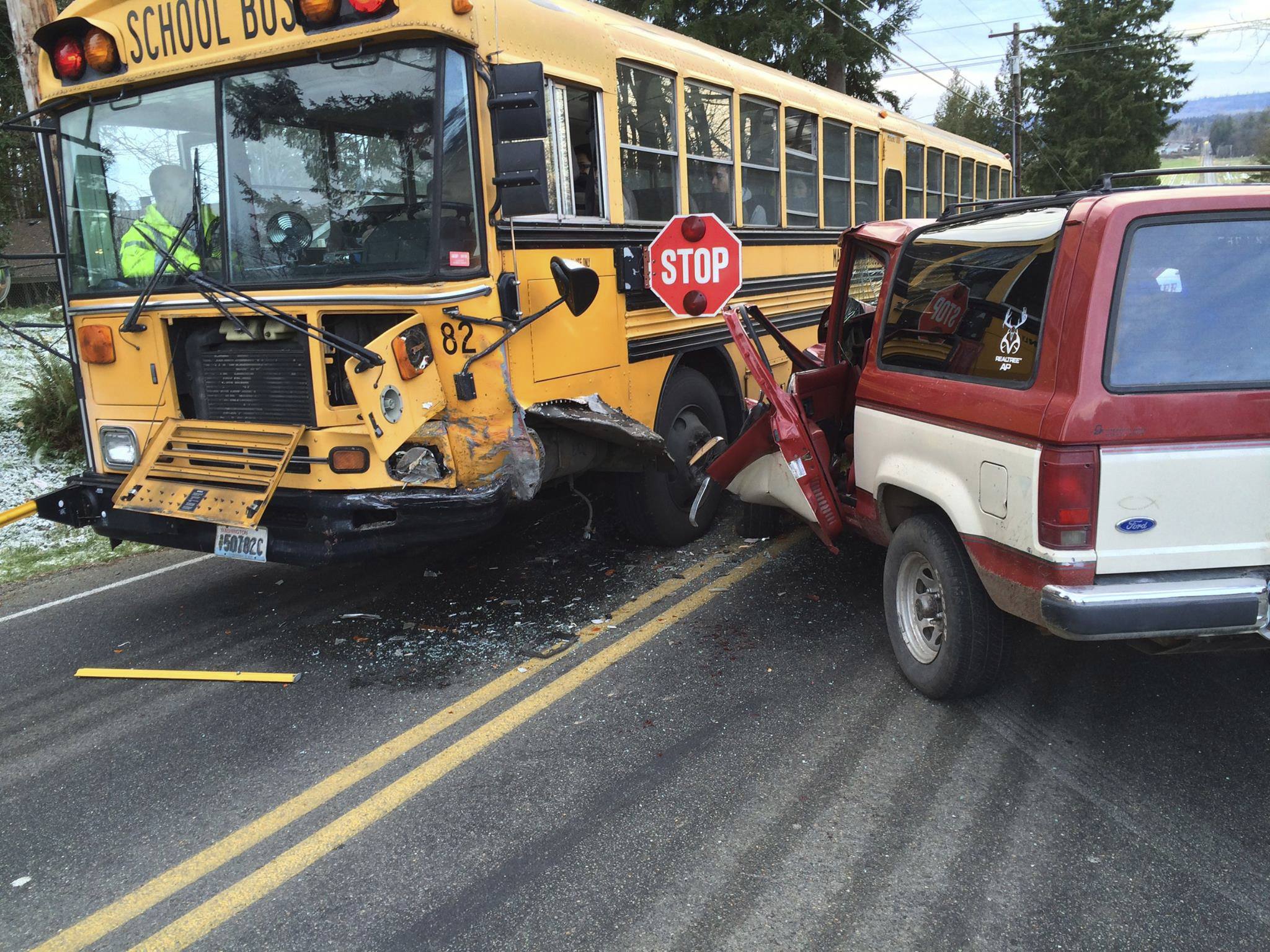 SUV, school bus collide                                Snohomish County deputies are asking for the public’s help to locate a hit-and-run driver who crashed into a school bus at about 2:45 p.m. Thursday at 108th St. NE and 78th Avenue NE when the students were being dropped off. The bus driver and suspect sustained injuries, deputies reported. No children were hurt. Deputies said the suspect fled on foot with obvious facial injuries, and abandoned the white-and-red SUV with Montana plate 430844B. The suspect is a white man with a shaved head, in his 30s, wearing tan Carhartt pants and jacket, skull rings on his fingers, a bullet necklace, and a diamond earring. Anyone with information should call 911.