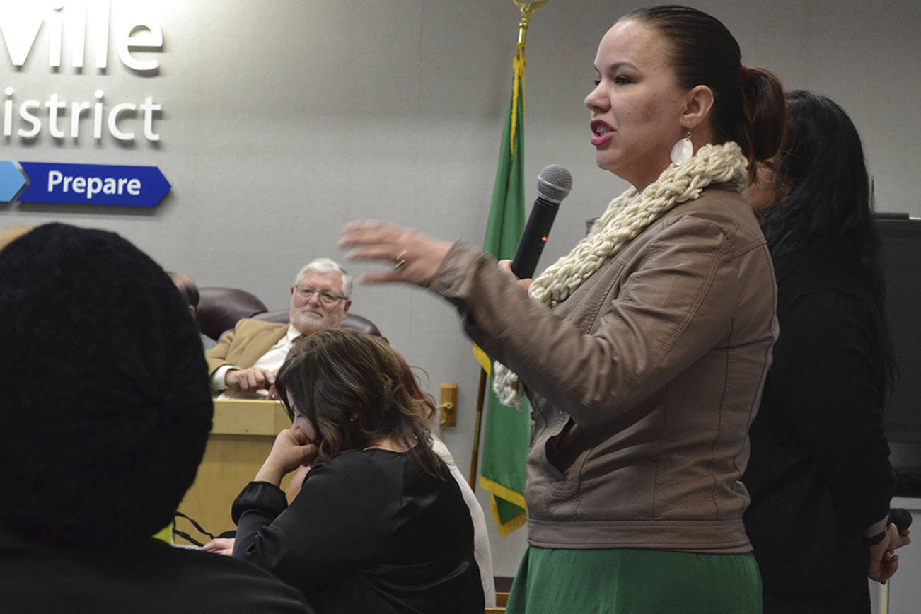 Summer Hatch talks to the Marysville School Board Monday night. (Steve Powell/Staff Photo)